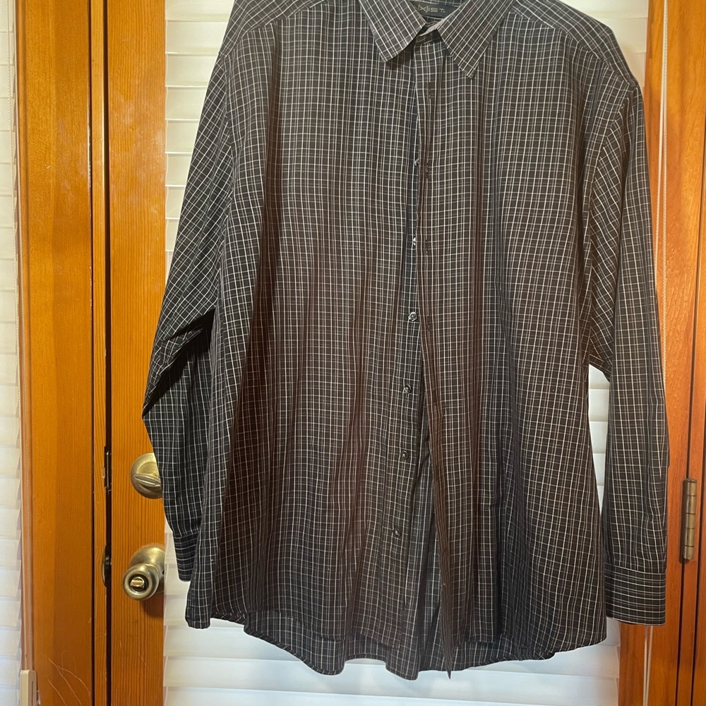 Long sleeve dress shirt,  dark buttons, black-and-white striped